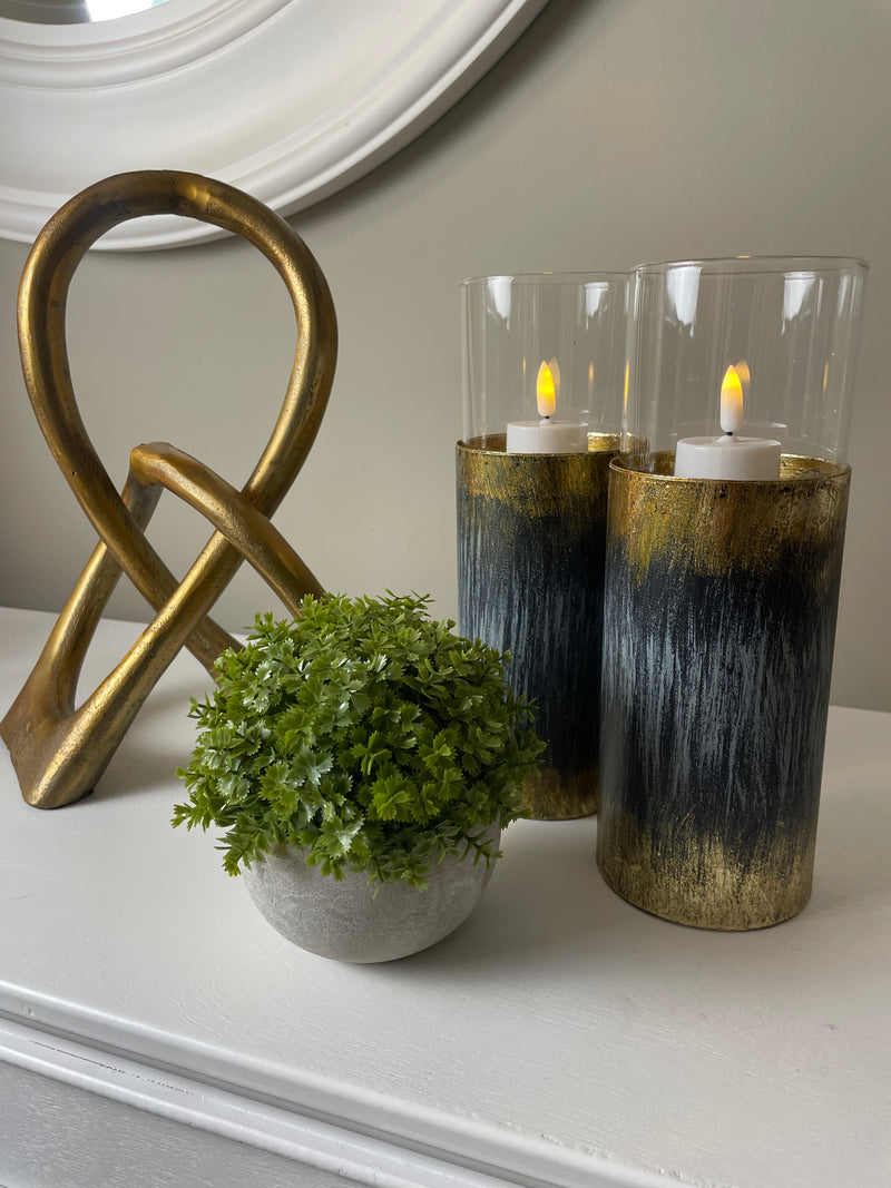 Pair of Distressed Gold & Blue Tall Candle Holder