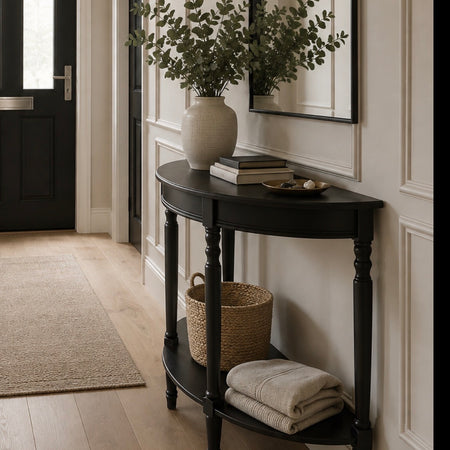 Black half moon table with turned legs