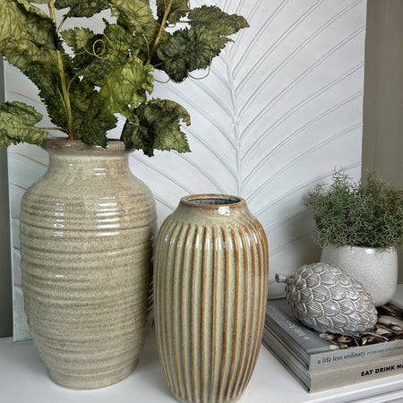 Large Tall fluted vase with ribbed bedside table texture detail brown beige 39cm by 22cm