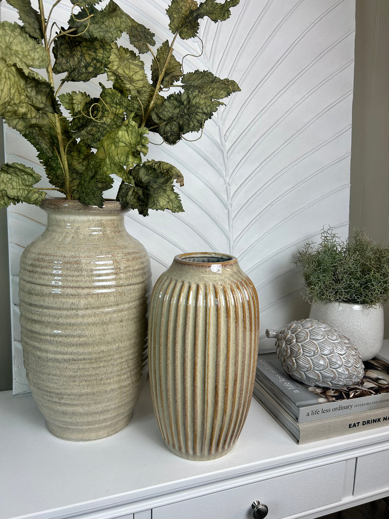 Large Tall fluted vase with ribbed bedside table texture detail brown beige 39cm by 22cm