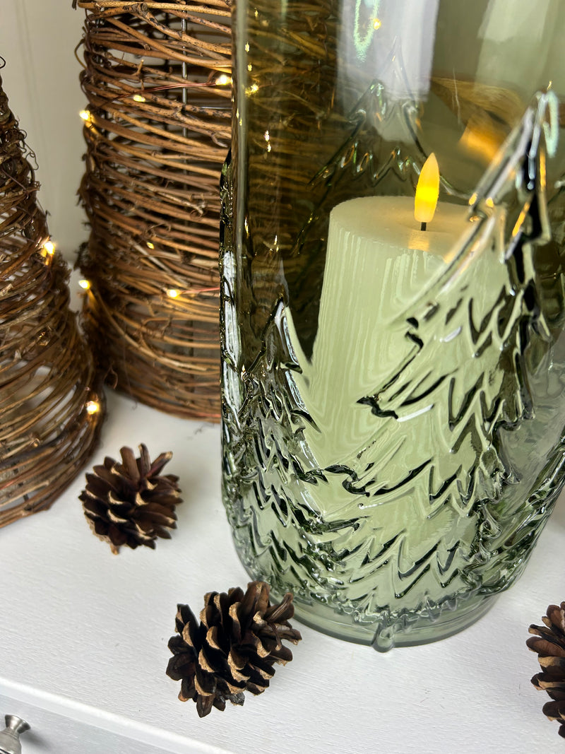 Large glass Green tree Forest Candle Holder embossed