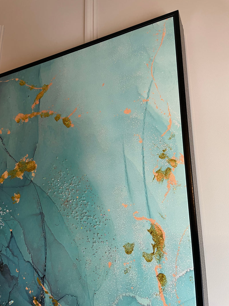 Framed Teal Blue and Gold Abstract Canvas 62cm x 122cm