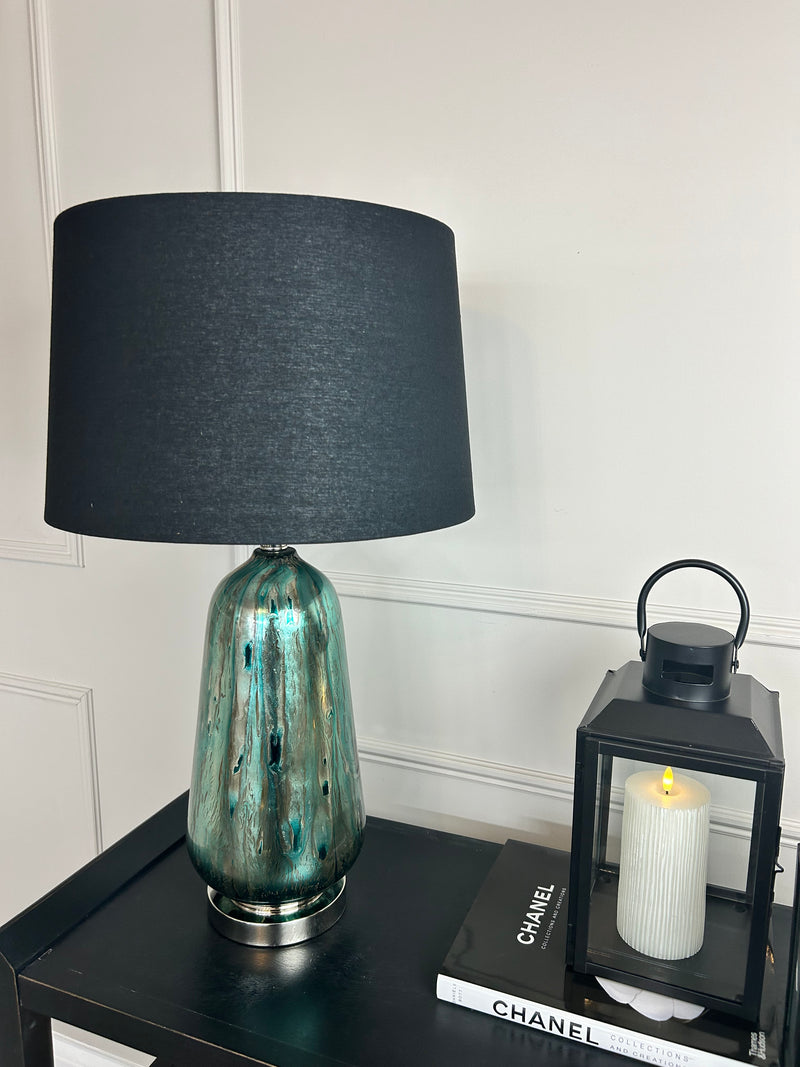 Blue and silver abstract peacock glass lamp with black shade