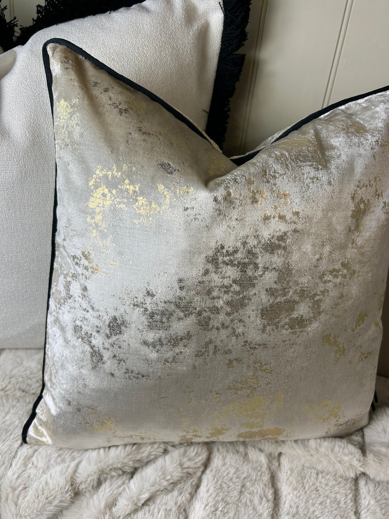 Paul Moneypenny Natural Velvet & Gold Foil Piped Edge 43cm luxury Cushion black piping