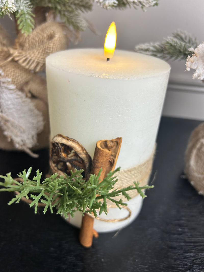 Large LED foliage hessian candle cream 10cm