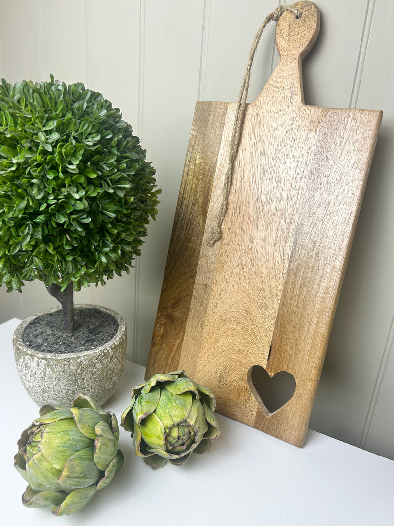 Heart detail mango wood chopping board rustic