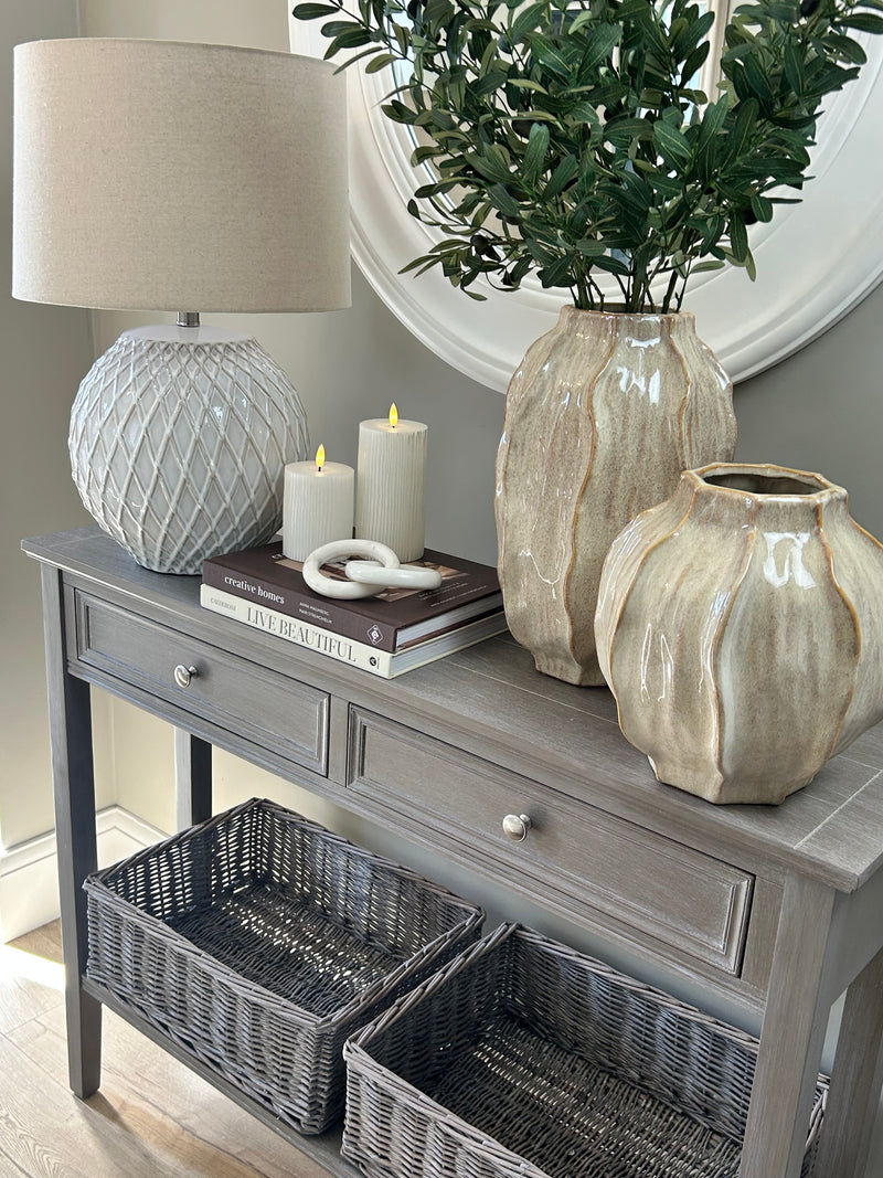 Washed wood 2 drawer console table with shelf