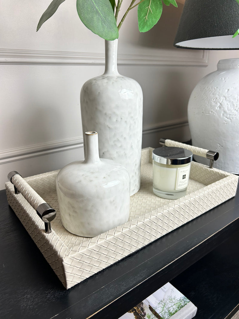 Cream leather look woven tray with gunmetal handles