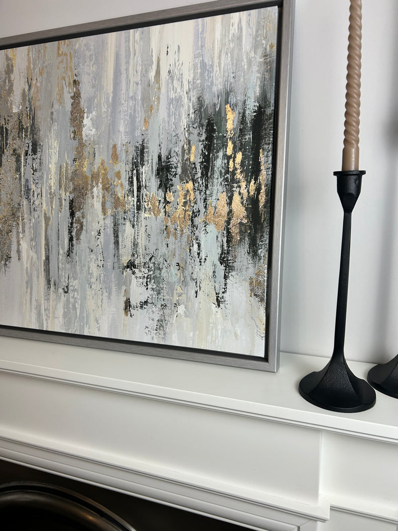 Dripping silver abstract framed canvas by Tom Reeves 60x96