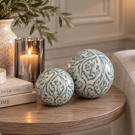 Set of two blue printed decorative balls