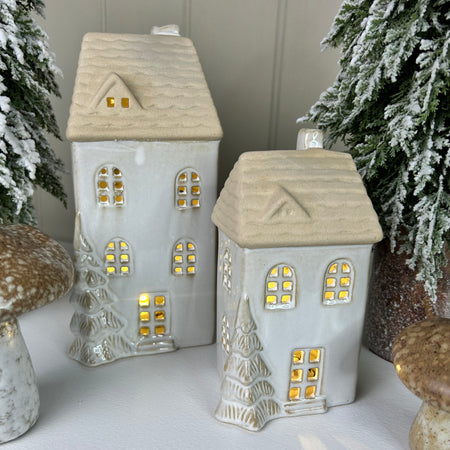 LED lit ceramic house with tree detail 2 sizes