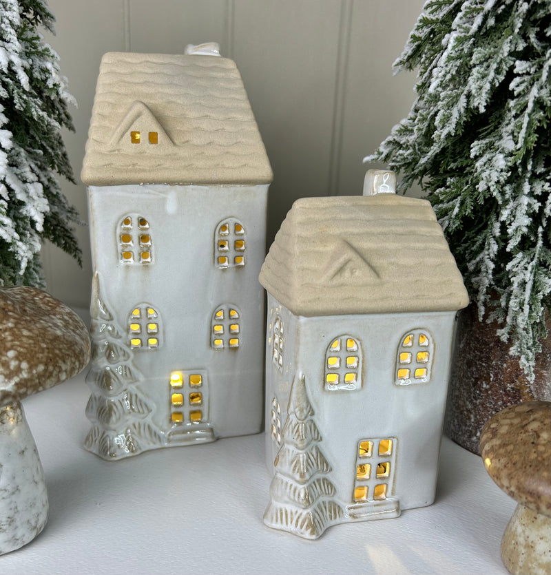 LED lit ceramic house with tree detail 2 sizes