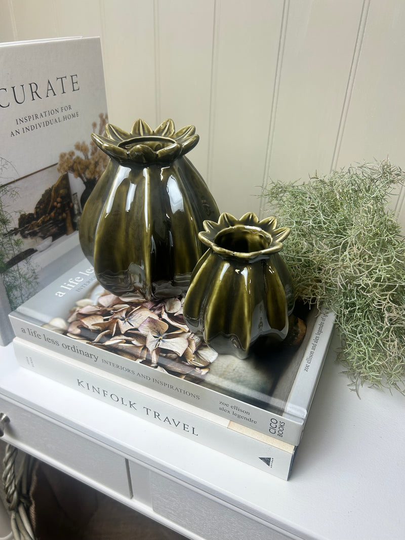 Set of 3 floral rustic bud crackle glaze vases