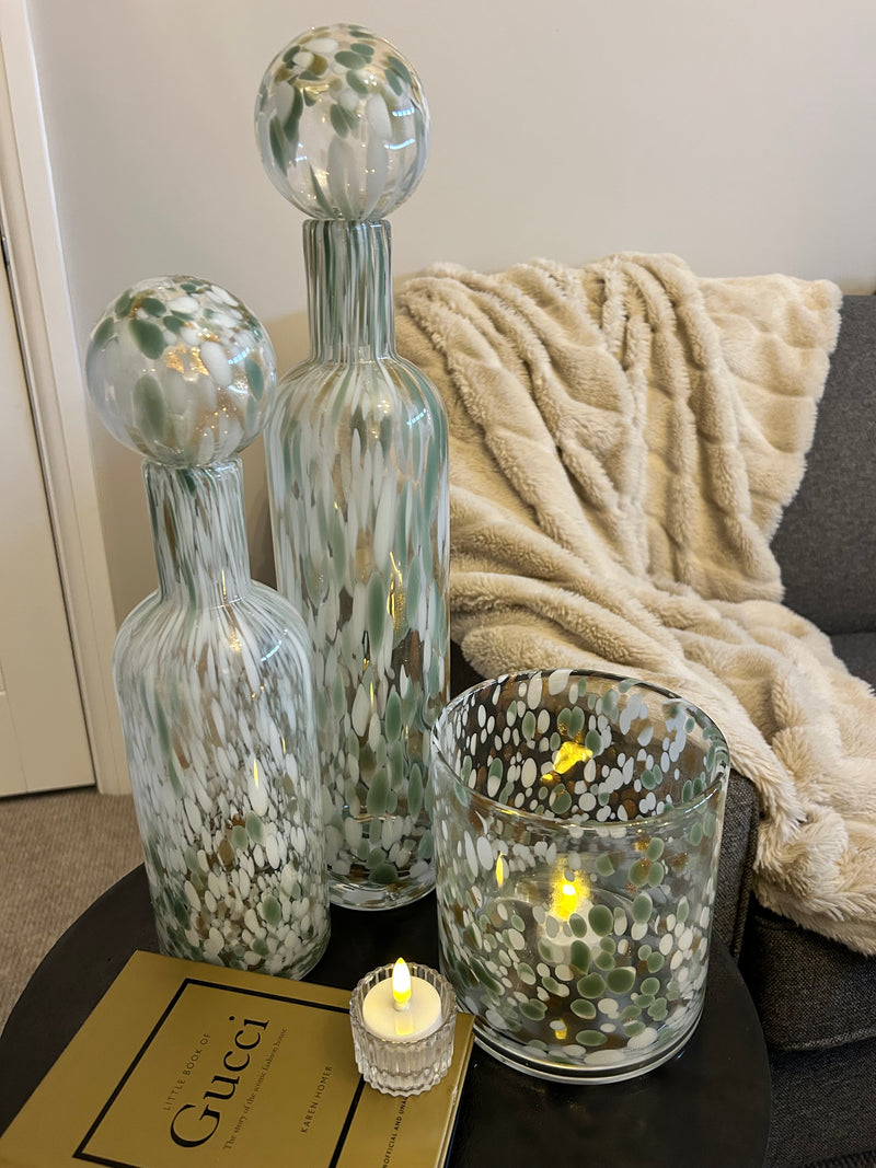 Green white gold pistachio speckled mottled glass lidded bottle jars 2 sizes
