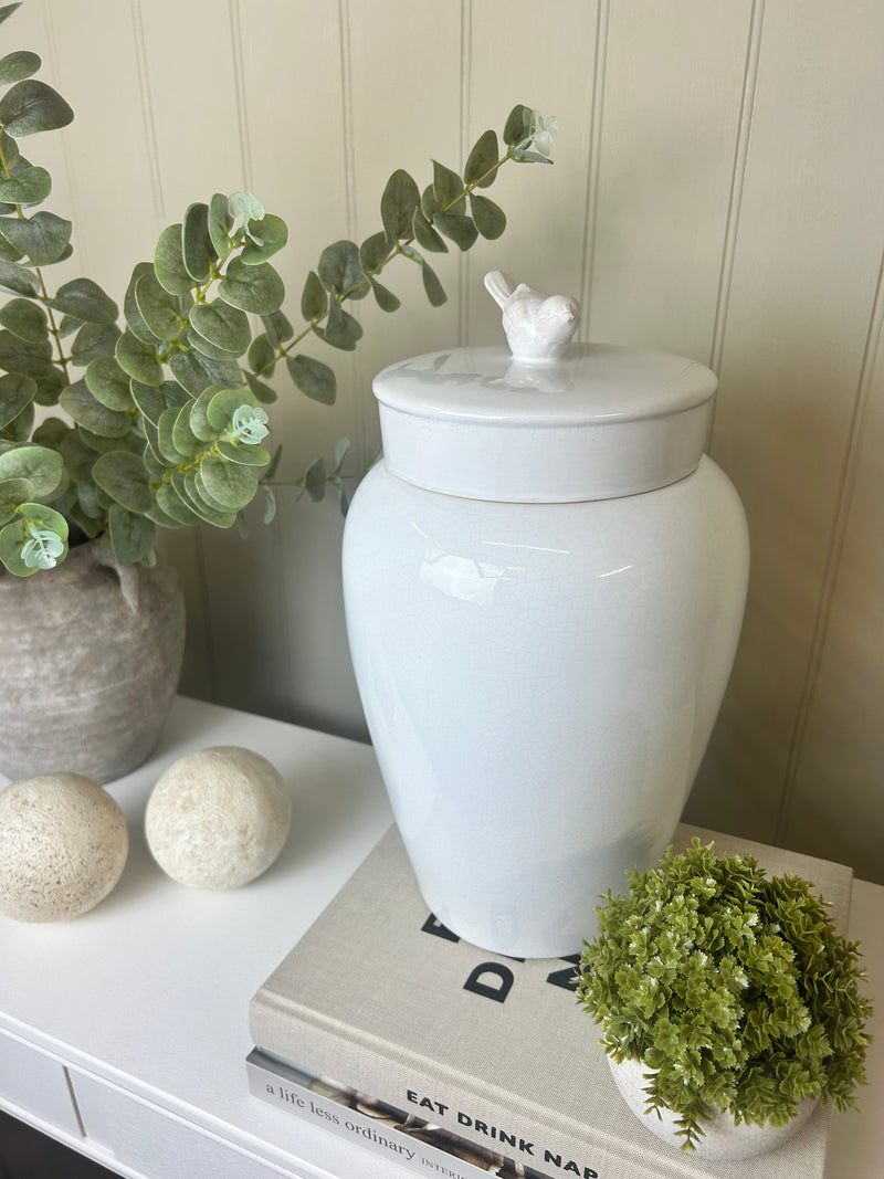 White ceramic bird topped ginger lidded jar