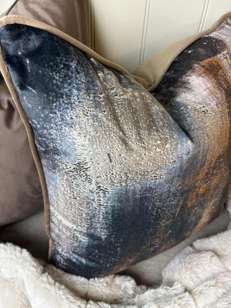 Paul Moneypenny Bronze brown navy Abstract Too Good Velvet Cushion 45cm