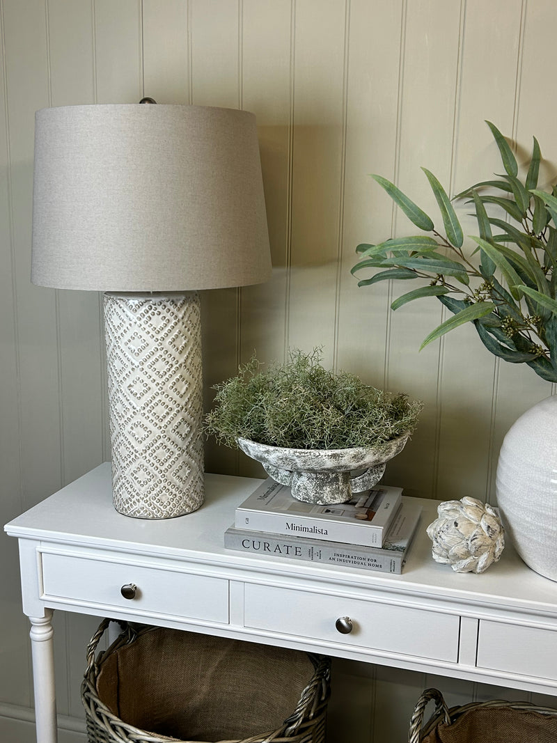 Off White beaded bobble ceramic lamp with linen shade