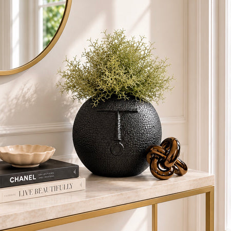 Black textured round face vase 26cm