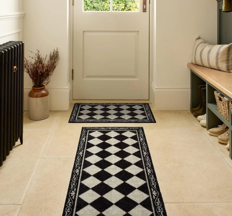 Back and cream traditional tile look mat door mat rug washable 2 sizes