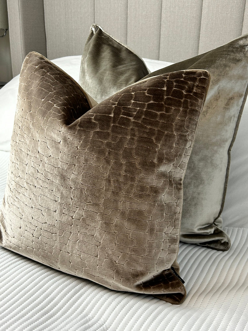 Bloomsbury taupe velvet textured cushion feather filled