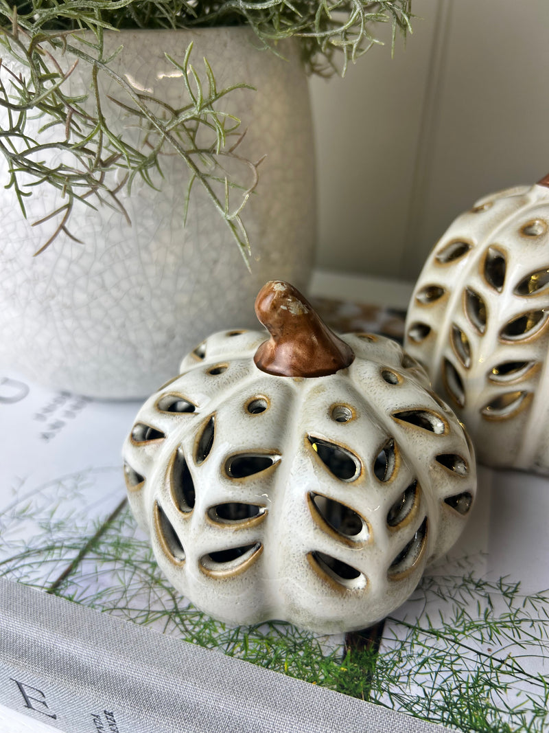 Neutral Two Tone LED Light up Ceramic Pumpkins, 2 Sizes