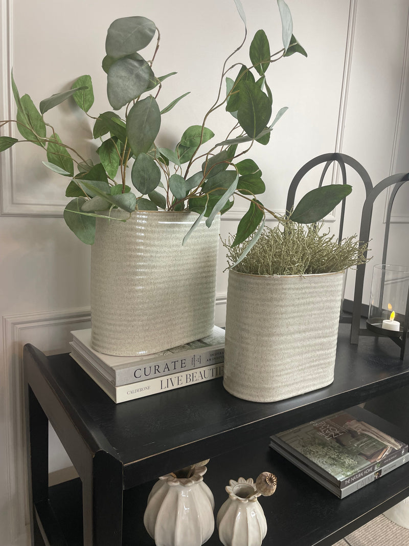Oval ribbed slim neutral taupe vase