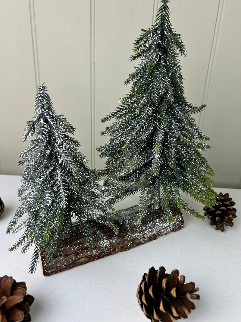Double Frosted Tree On Wood Base 28cm