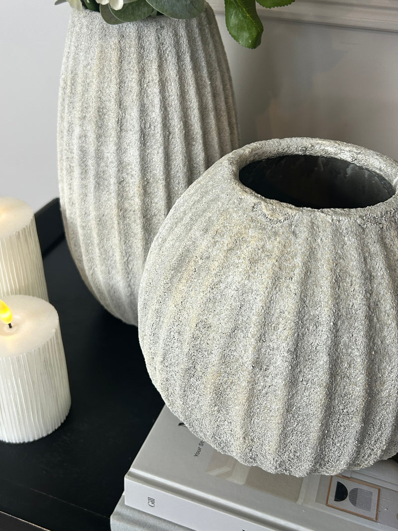 Stone ribbed vase rustic 2 sizes