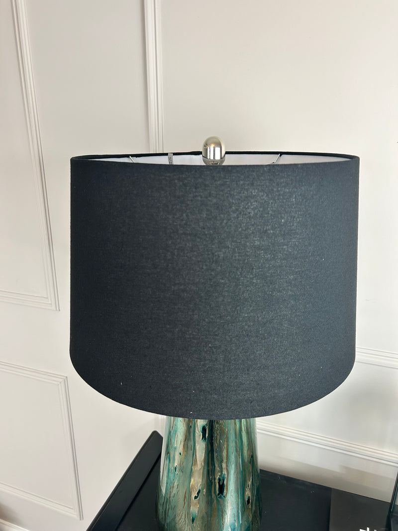 Blue and silver abstract peacock glass lamp with black shade