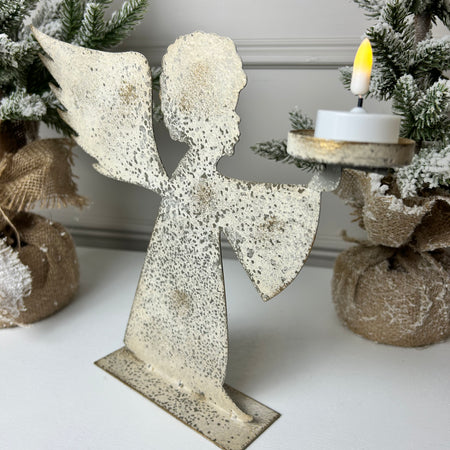 Tall rustic metal angel candle holder 28cm