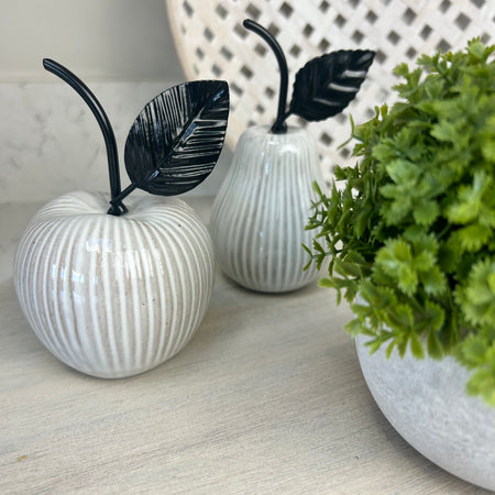 Off white ribbed ceramic apple and pear