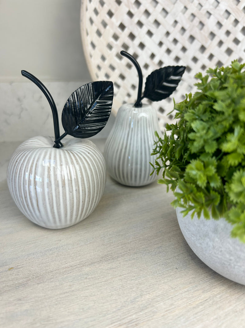 Off white ribbed ceramic apple and pear