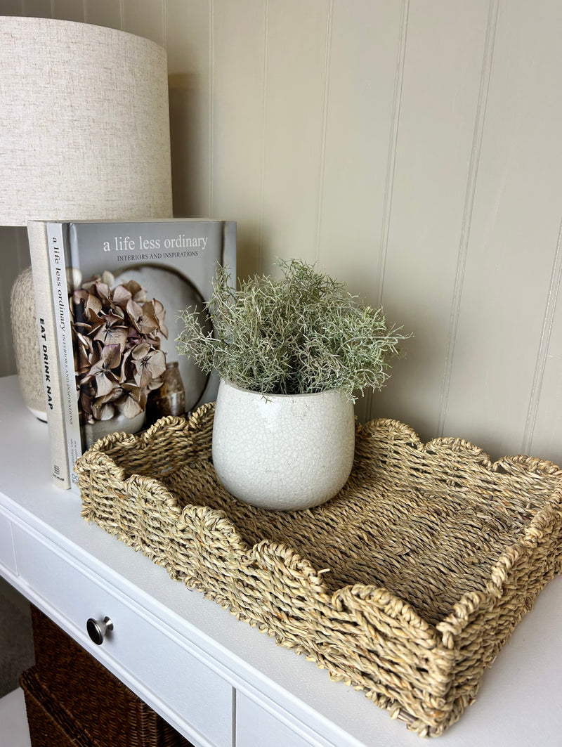 Scallop Edge Rattan Weave woven Basket Tray With Handles