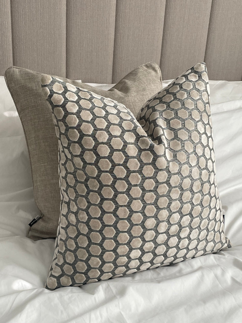 Cream and grey Jorvik hexagon cut velvet luxury cushion two sizes