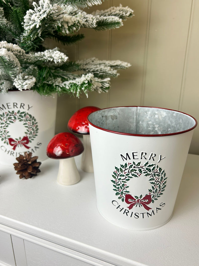 White & Red Christmas Wreath Metal Plant Pots 3 sizes