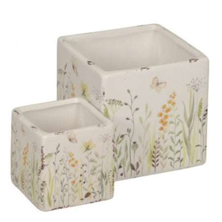 Square Ceramic Meadow Detail Planters, 2 Sizes