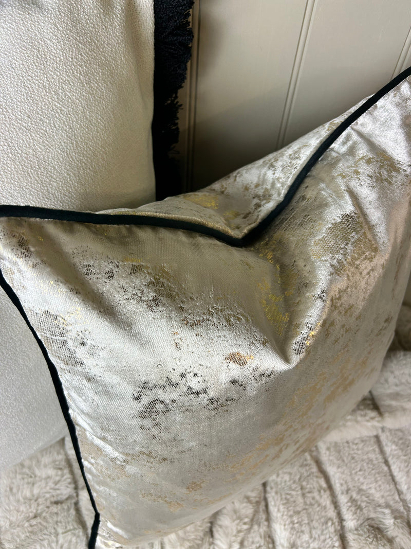 Paul Moneypenny Natural Velvet & Gold Foil Piped Edge 43cm luxury Cushion black piping