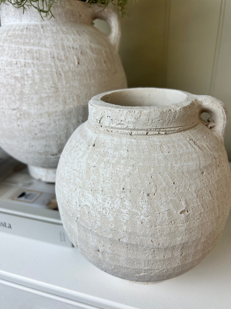 White rustic round vase with handle 2 sizes