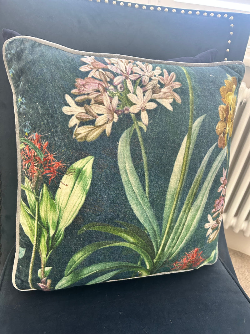 Velvet Agapanthus Flower Green Cushion 45cm