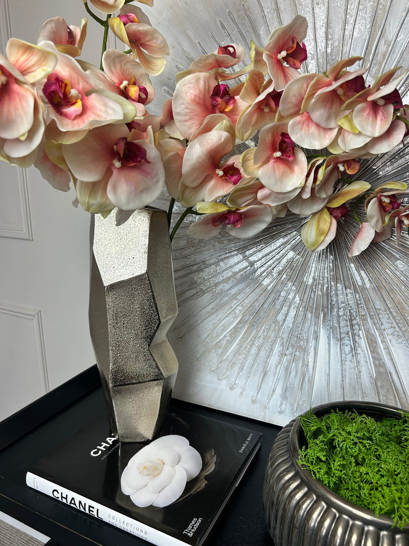 Large textured champagne silver metal shaped vase 40cm