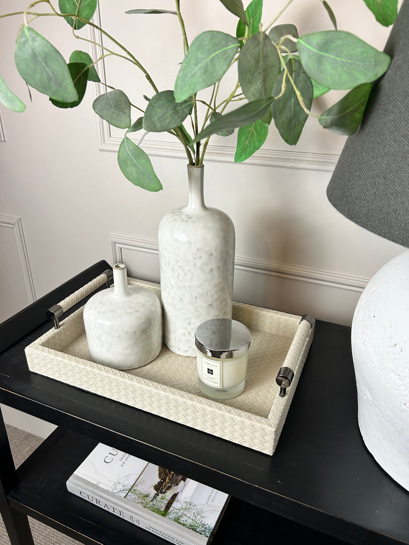 Cream leather look woven tray with gunmetal handles