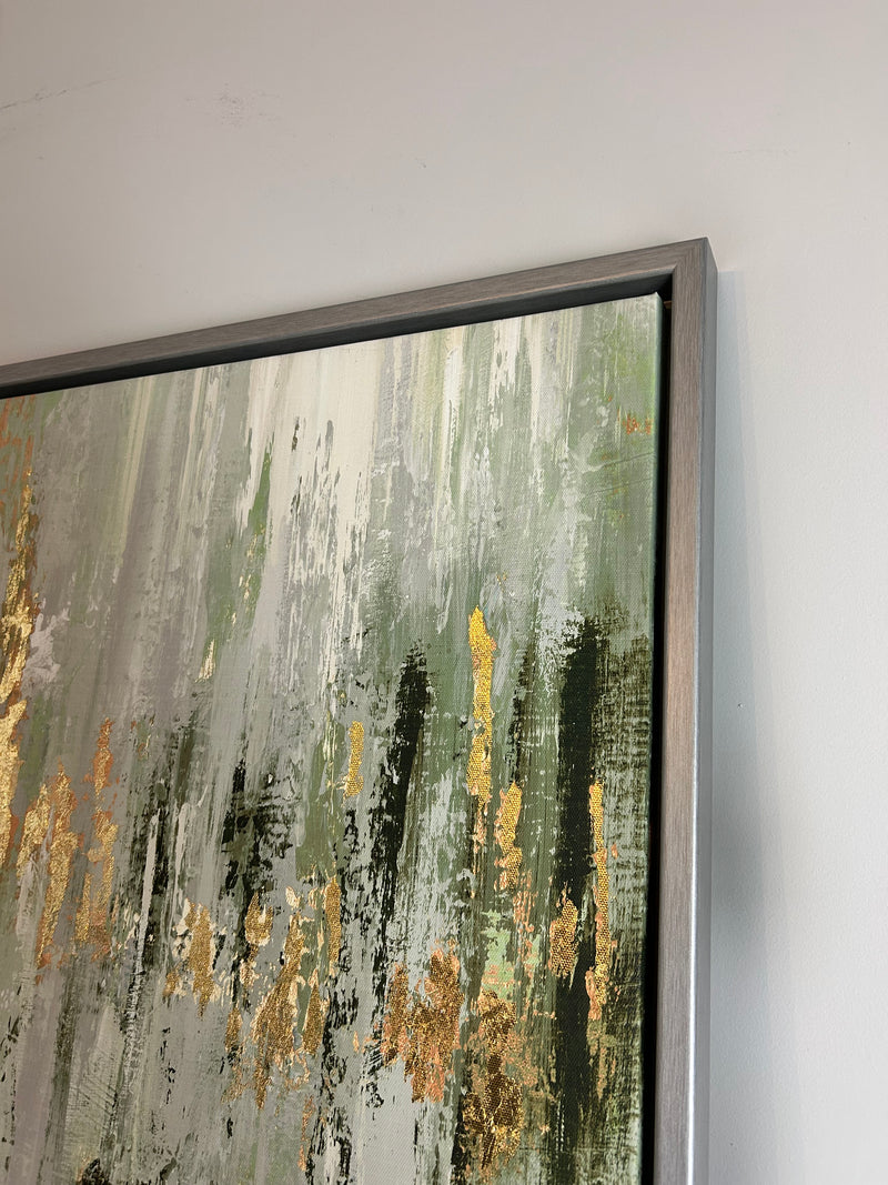 Dripping moss green and gold by Tom Reeves abstract framed canvas 60x96cm
