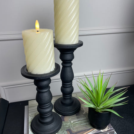 Set of Two Black Wooden Turned Candlesticks