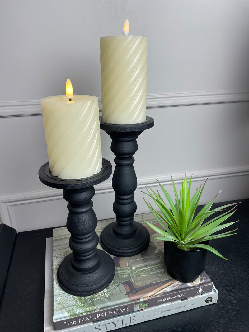 Set of Two Black Wooden Turned Candlesticks