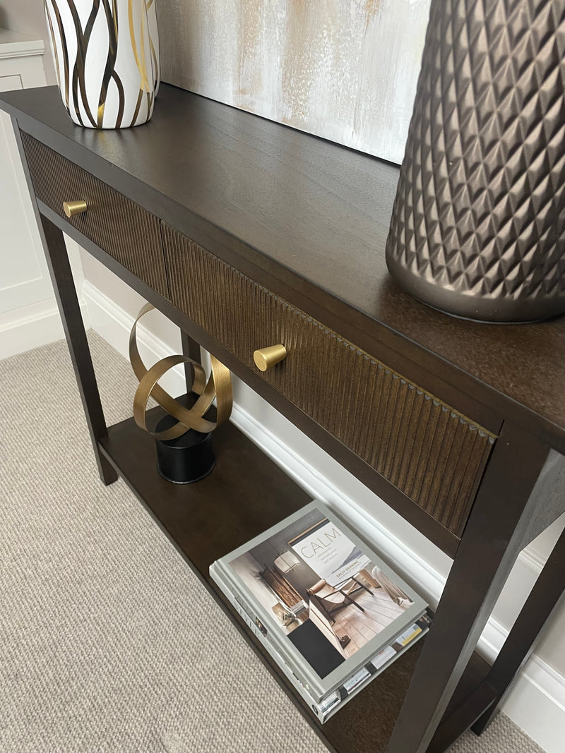 Lindon Walnut Brown Two Drawer Console With Gold Handles