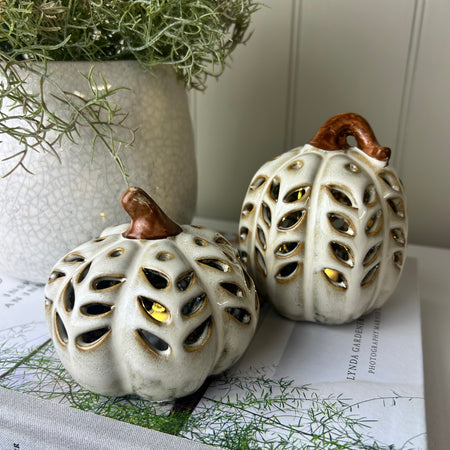 Neutral Two Tone LED Light up Ceramic Pumpkins, 2 Sizes