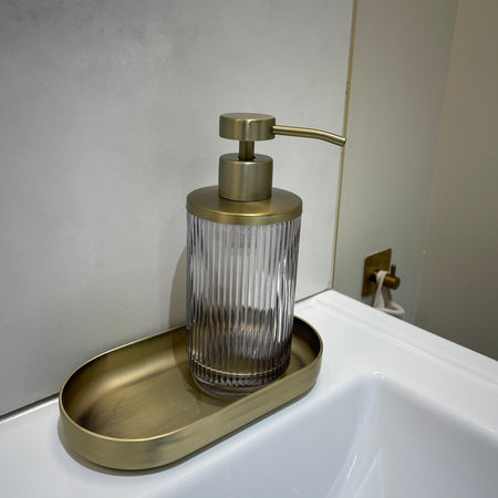 Antique brushed Brass Ribbed smoked Glass Soap Dispenser