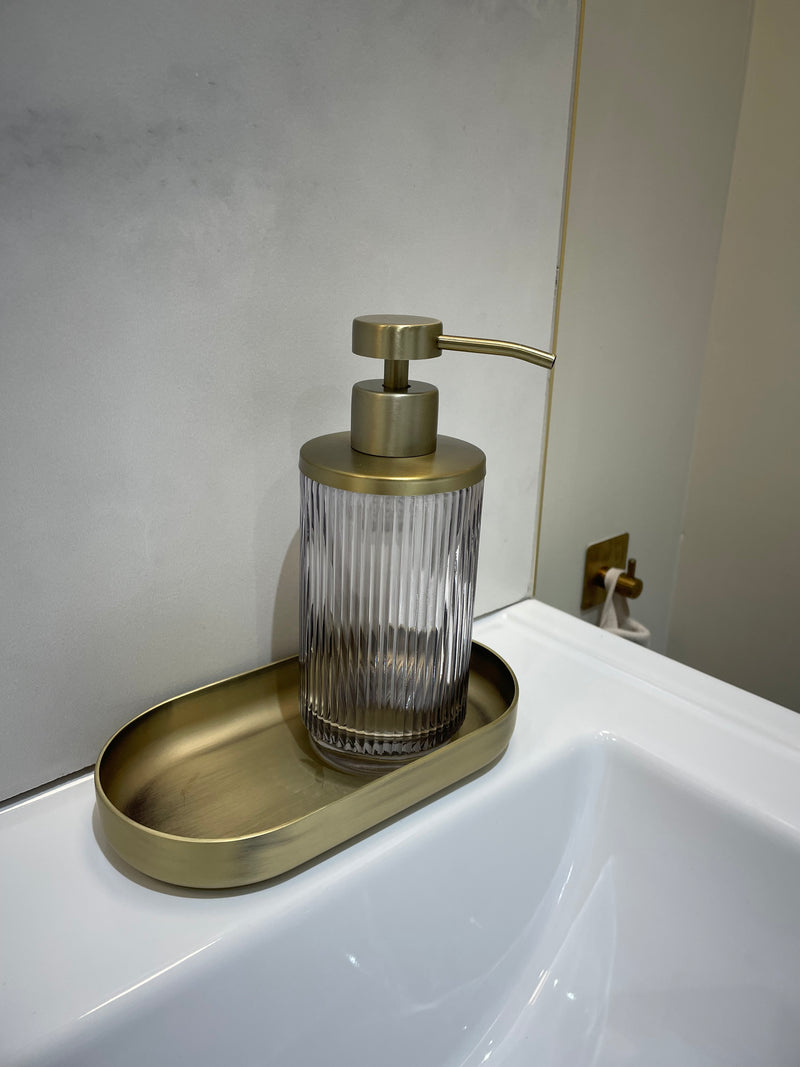 Antique brushed Brass Ribbed smoked Glass Soap Dispenser