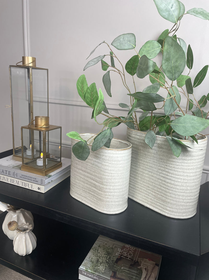 Oval ribbed slim neutral taupe vase