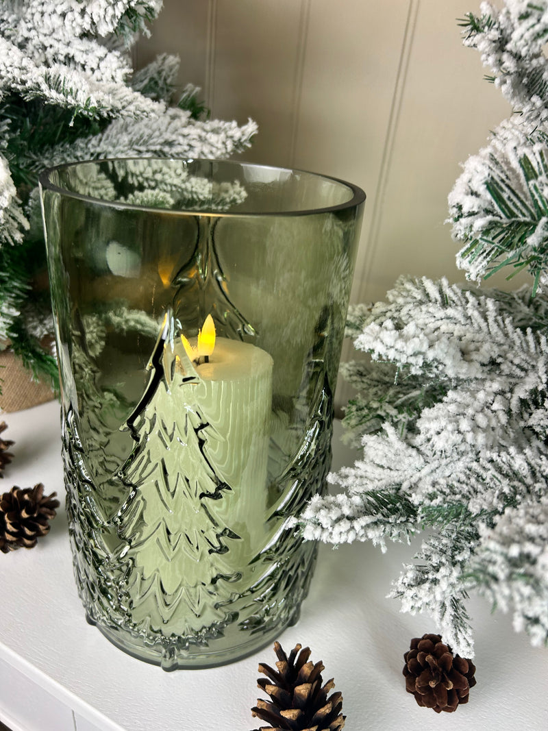 Large glass Green tree Forest Candle Holder embossed